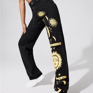 Black Pants with Gold Sun and Moon Design